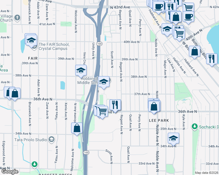 map of restaurants, bars, coffee shops, grocery stores, and more near 3730 Toledo Avenue North in Robbinsdale