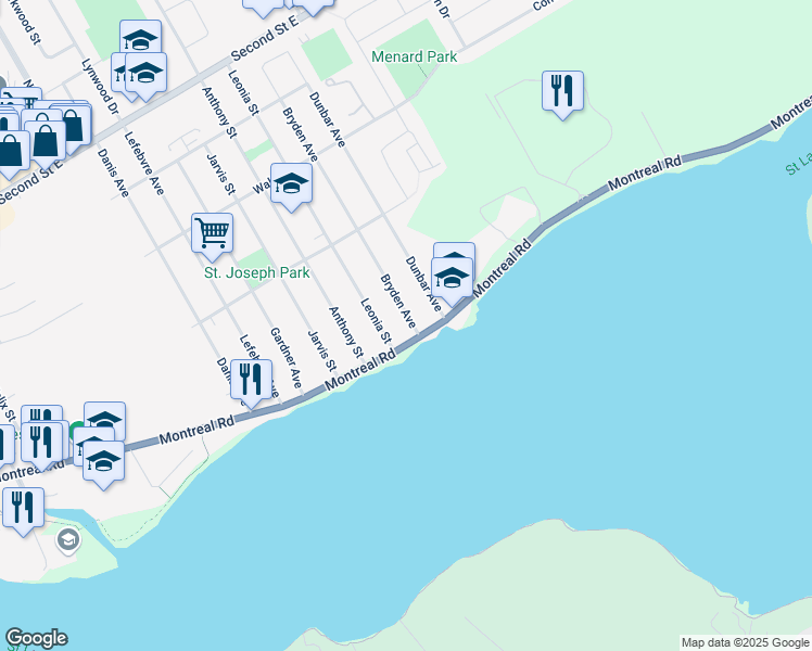 map of restaurants, bars, coffee shops, grocery stores, and more near 3 Bryden Avenue in Cornwall