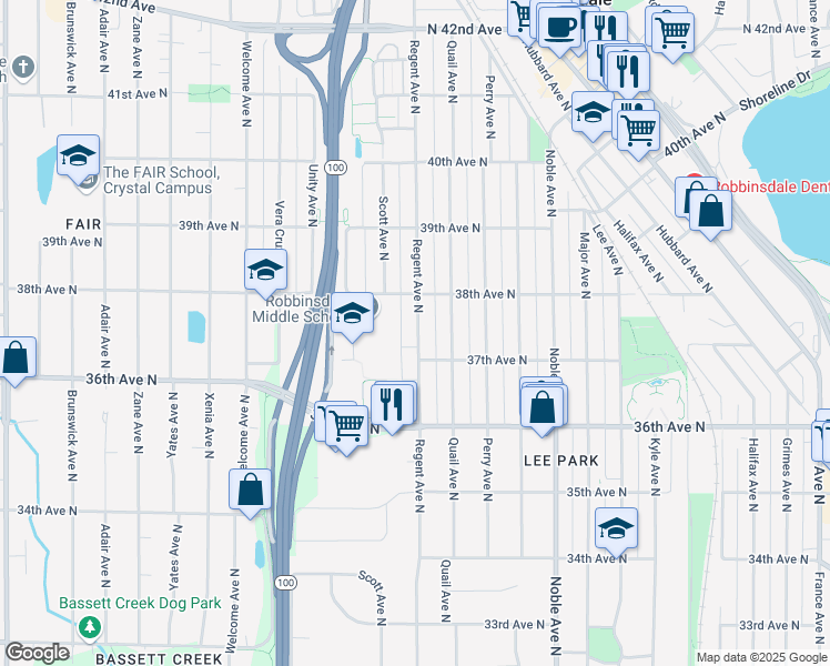 map of restaurants, bars, coffee shops, grocery stores, and more near 3719 Regent Avenue North in Robbinsdale