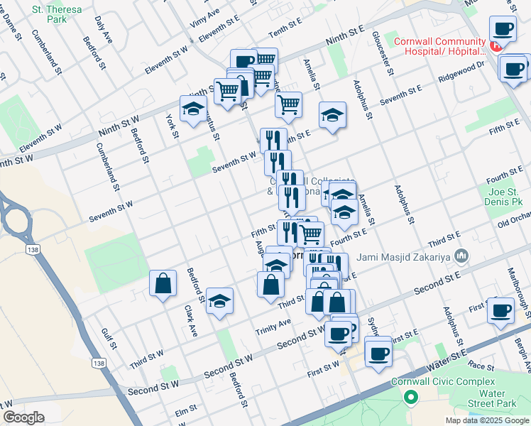 map of restaurants, bars, coffee shops, grocery stores, and more near 30 Adams Avenue in Cornwall