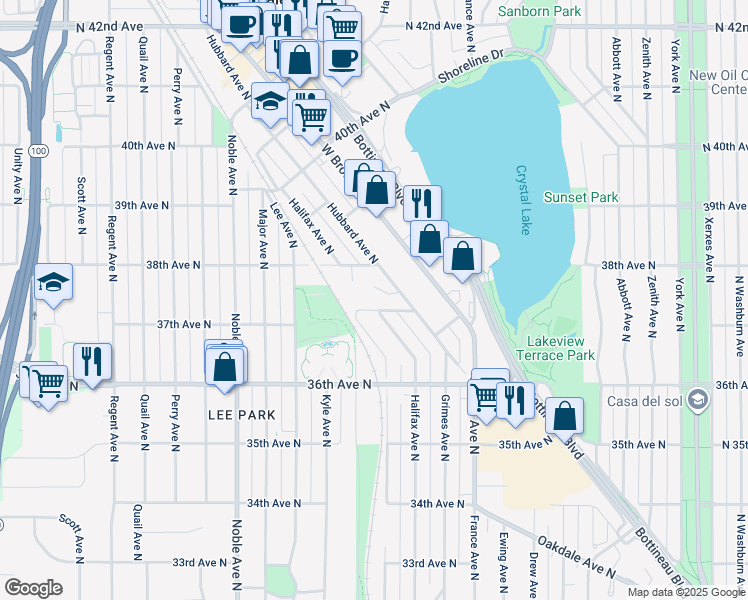map of restaurants, bars, coffee shops, grocery stores, and more near 3689 Halifax Avenue North in Minneapolis