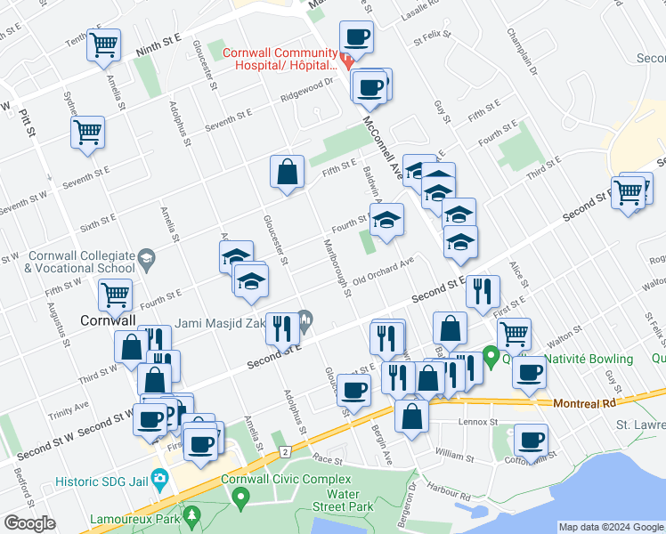 map of restaurants, bars, coffee shops, grocery stores, and more near 314 Marlborough Street North in Cornwall