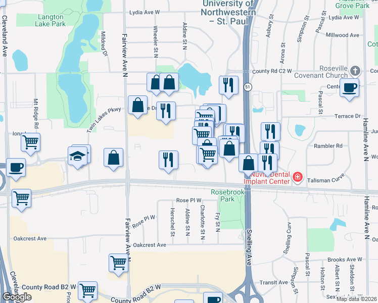 map of restaurants, bars, coffee shops, grocery stores, and more near 1717 County Road C West in Roseville