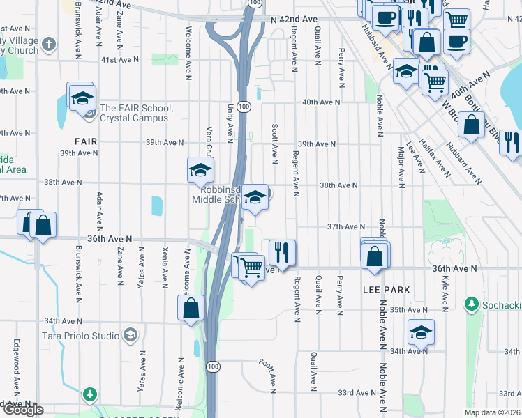 map of restaurants, bars, coffee shops, grocery stores, and more near 3730 Toledo Avenue North in Robbinsdale