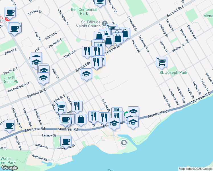 map of restaurants, bars, coffee shops, grocery stores, and more near 1315 Roger Street in Cornwall