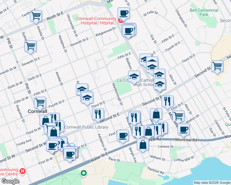 map of restaurants, bars, coffee shops, grocery stores, and more near 316 Marlborough Street North in Cornwall