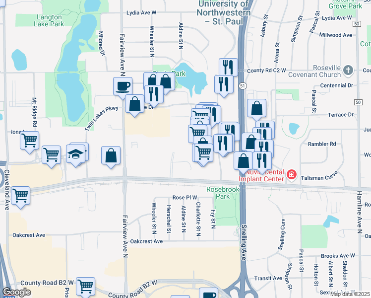 map of restaurants, bars, coffee shops, grocery stores, and more near 2730 Herschel Street North in Roseville