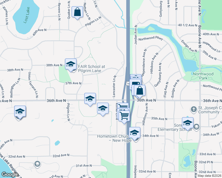 map of restaurants, bars, coffee shops, grocery stores, and more near 3601 Lancaster Lane North in Plymouth