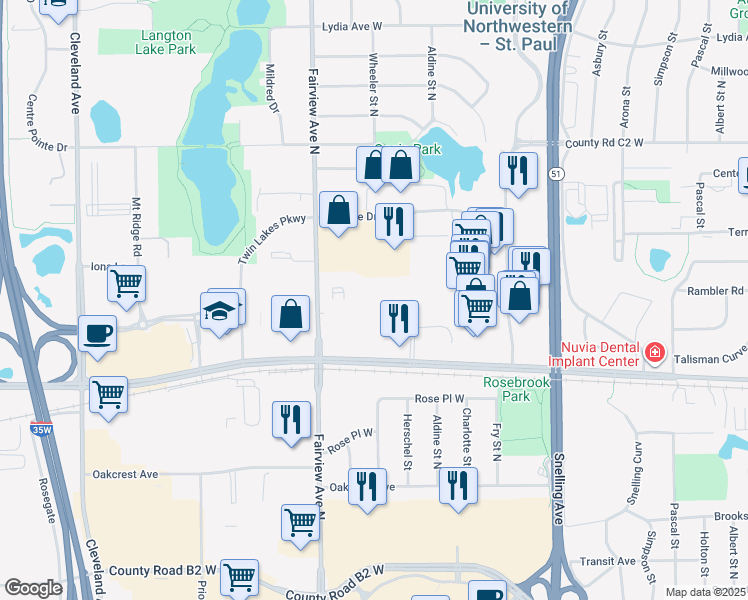 map of restaurants, bars, coffee shops, grocery stores, and more near 1743 County Road C West in Saint Paul