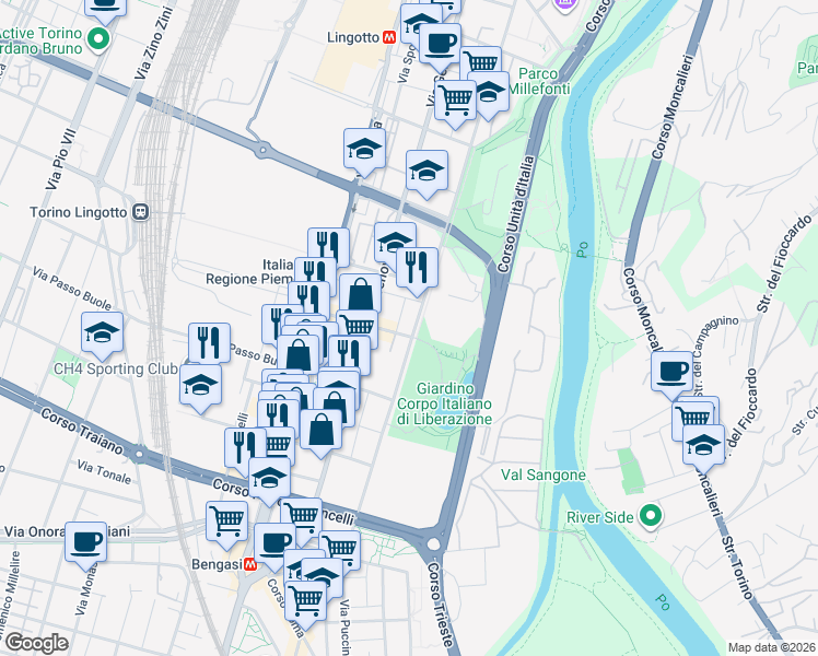 map of restaurants, bars, coffee shops, grocery stores, and more near in Torino