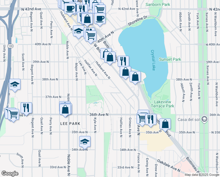map of restaurants, bars, coffee shops, grocery stores, and more near 3689 Halifax Avenue North in Minneapolis