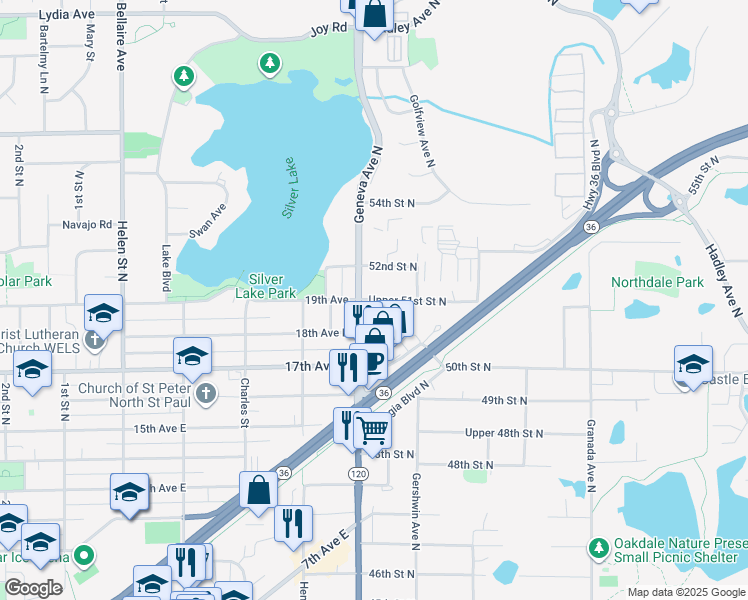 map of restaurants, bars, coffee shops, grocery stores, and more near 6048 Upper 51st Street North in Oakdale