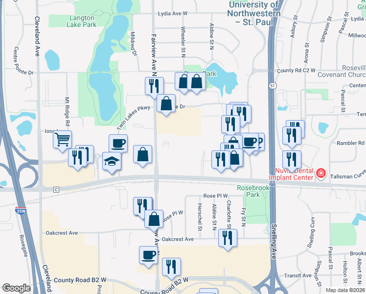 map of restaurants, bars, coffee shops, grocery stores, and more near 2700 Fairview Avenue North in Roseville
