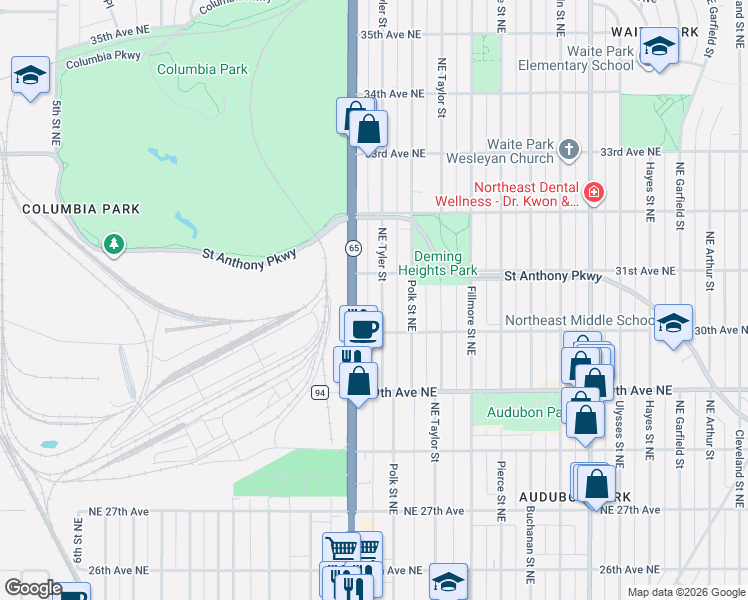 map of restaurants, bars, coffee shops, grocery stores, and more near 3005 Northeast Tyler Street in Minneapolis