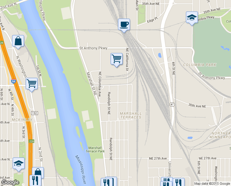 map of restaurants, bars, coffee shops, grocery stores, and more near 3007 Grand Street Northeast in Minneapolis