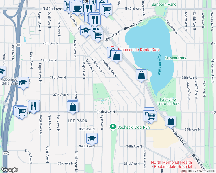 map of restaurants, bars, coffee shops, grocery stores, and more near 3689 Indiana Avenue North in Robbinsdale