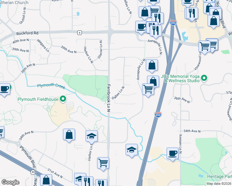 map of restaurants, bars, coffee shops, grocery stores, and more near 14225 36th Avenue North in Minneapolis