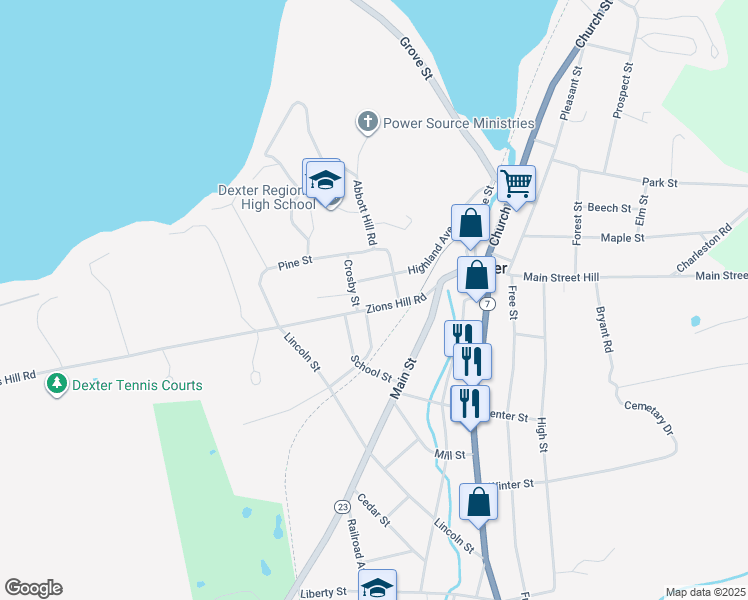 map of restaurants, bars, coffee shops, grocery stores, and more near 37 Zions Hill Road in Dexter