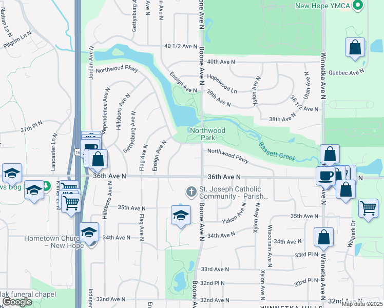 map of restaurants, bars, coffee shops, grocery stores, and more near 8717 Northwood Parkway in Minneapolis