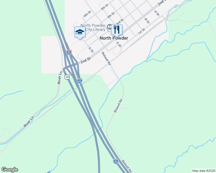 map of restaurants, bars, coffee shops, grocery stores, and more near River Street in North Powder