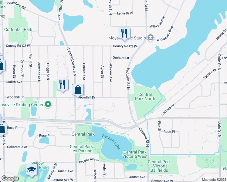map of restaurants, bars, coffee shops, grocery stores, and more near 2742 Lakeview Avenue in Roseville