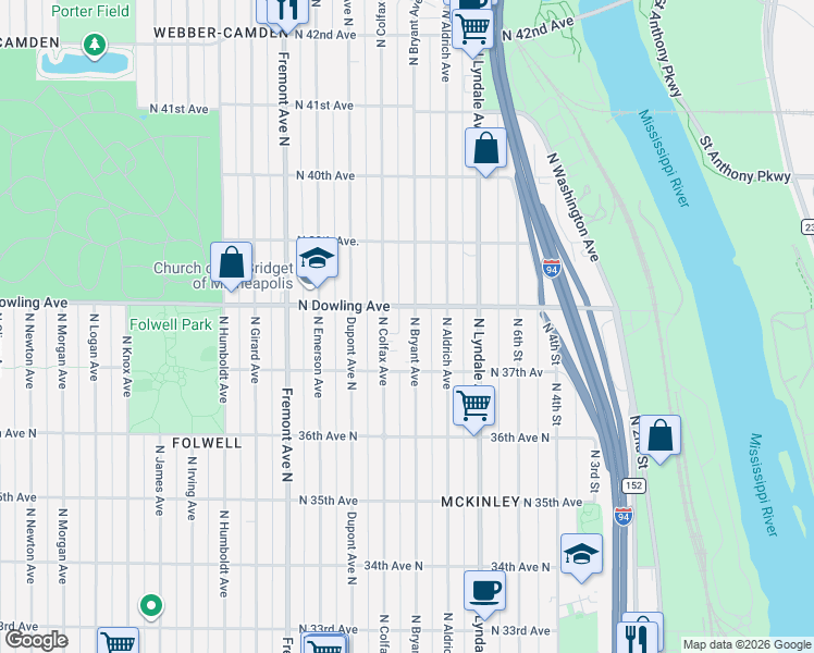 map of restaurants, bars, coffee shops, grocery stores, and more near 3801 North Bryant Avenue in Minneapolis