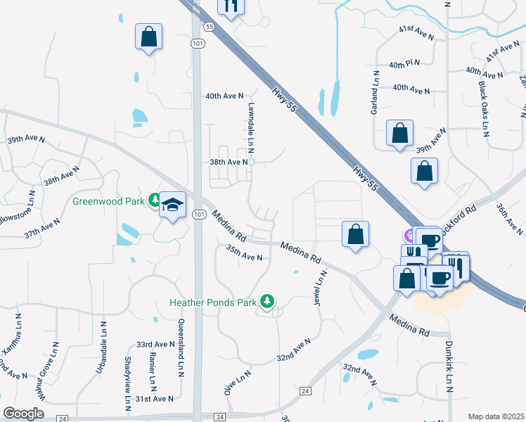 map of restaurants, bars, coffee shops, grocery stores, and more near 3706 Lawndale Lane North in Plymouth
