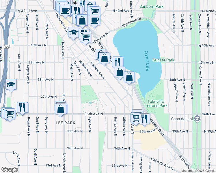 map of restaurants, bars, coffee shops, grocery stores, and more near 3737 Hubbard Avenue North in Robbinsdale