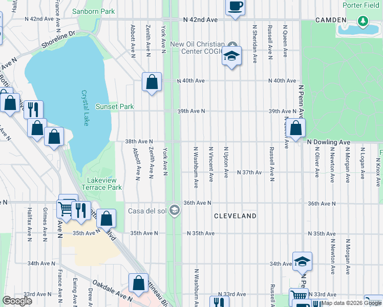 map of restaurants, bars, coffee shops, grocery stores, and more near 3758 Xerxes Avenue North in Minneapolis