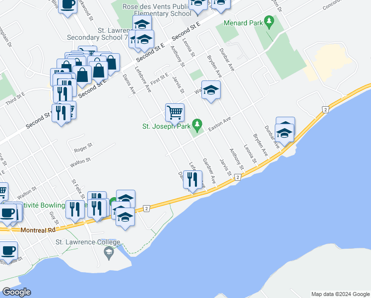 map of restaurants, bars, coffee shops, grocery stores, and more near 67 Lefebvre Avenue in Cornwall