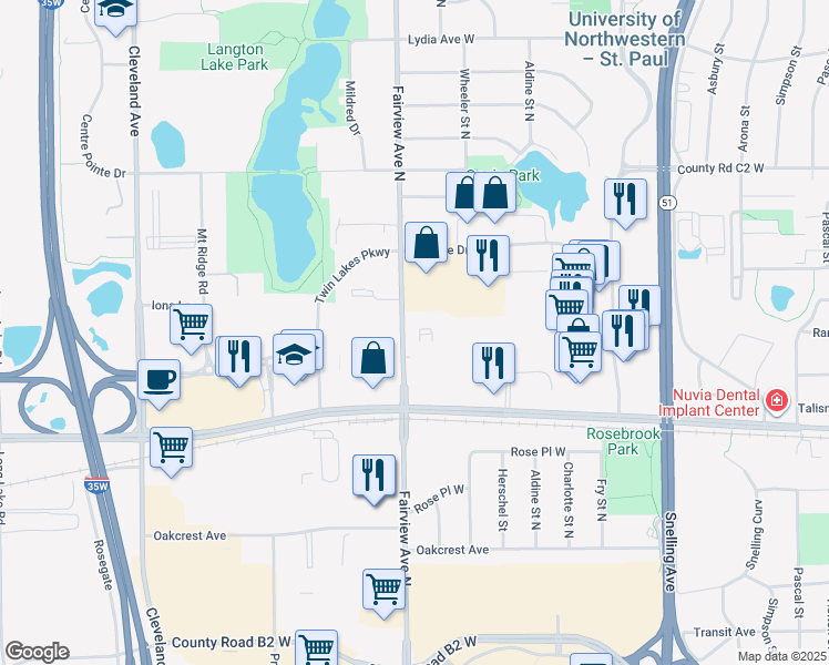 map of restaurants, bars, coffee shops, grocery stores, and more near 2740 Fairview Avenue North in Roseville