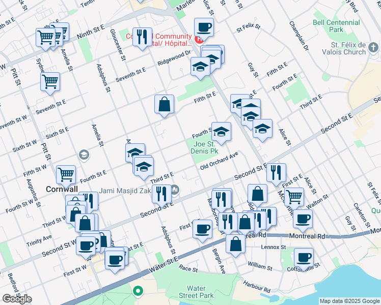 map of restaurants, bars, coffee shops, grocery stores, and more near Aberdeen Avenue in Cornwall