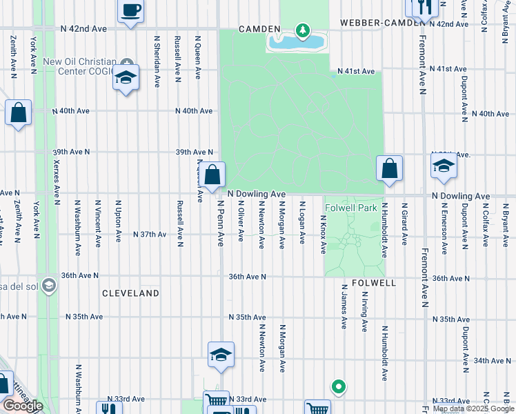 map of restaurants, bars, coffee shops, grocery stores, and more near 3743 North Newton Avenue in Minneapolis