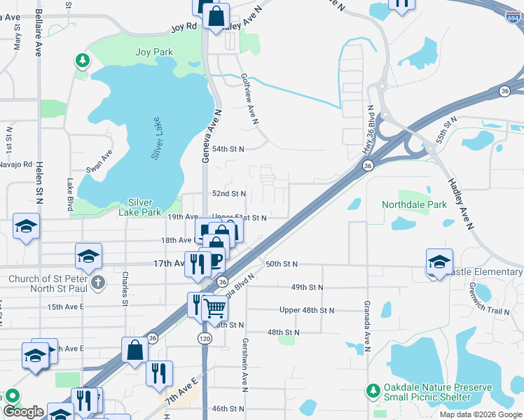 map of restaurants, bars, coffee shops, grocery stores, and more near 5201 Gershwin Avenue North in Oakdale