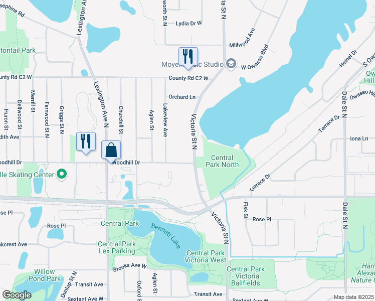 map of restaurants, bars, coffee shops, grocery stores, and more near 2727 Victoria Street North in Roseville