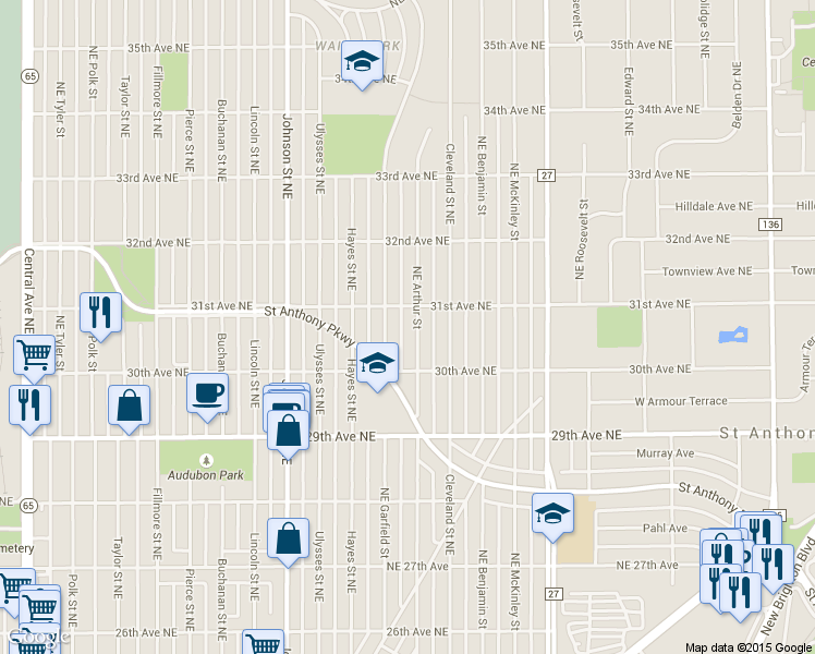 map of restaurants, bars, coffee shops, grocery stores, and more near 3058 Northeast Arthur Street in Minneapolis