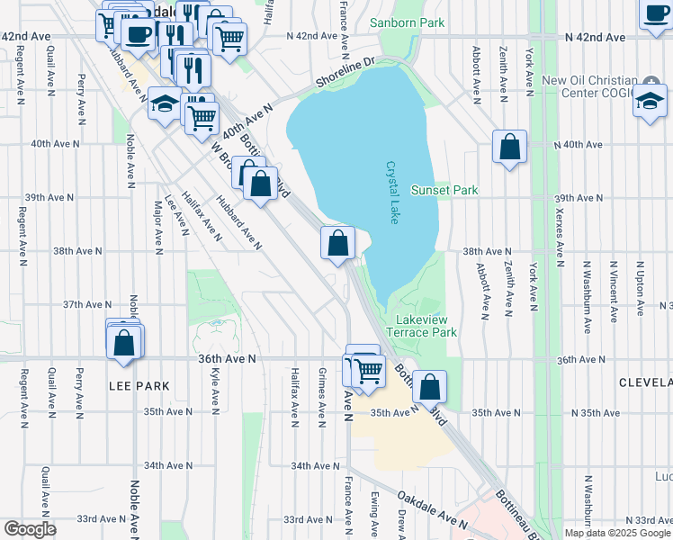 map of restaurants, bars, coffee shops, grocery stores, and more near 3743 Lakeland Avenue North in Minneapolis