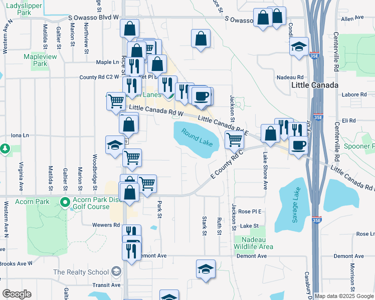 map of restaurants, bars, coffee shops, grocery stores, and more near 17 Round Lake Trail in Little Canada
