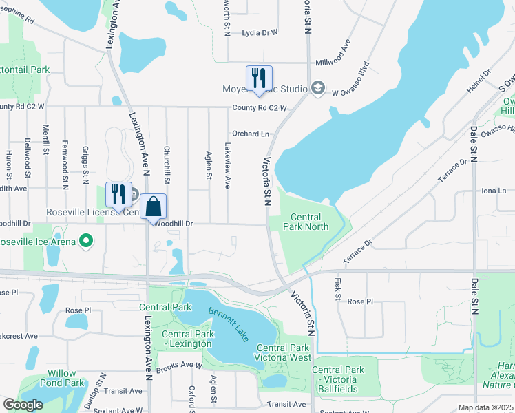 map of restaurants, bars, coffee shops, grocery stores, and more near 2727 Victoria Street North in Roseville