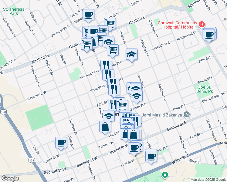 map of restaurants, bars, coffee shops, grocery stores, and more near 511 Pitt Street in Cornwall