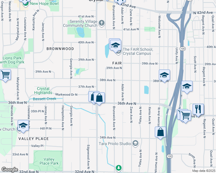 map of restaurants, bars, coffee shops, grocery stores, and more near 6119 38th Avenue North in Minneapolis