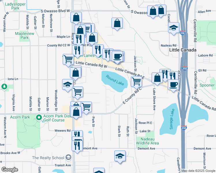 map of restaurants, bars, coffee shops, grocery stores, and more near 17 Round Lake Trail in Little Canada