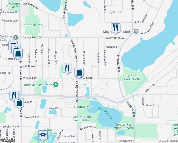 map of restaurants, bars, coffee shops, grocery stores, and more near 2750 North Oxford Street in Roseville