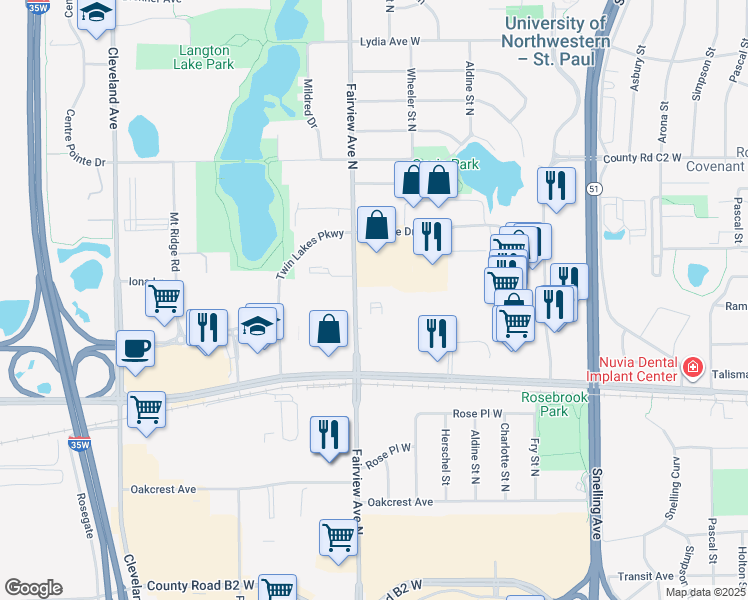 map of restaurants, bars, coffee shops, grocery stores, and more near 2760 Fairview Ave N in Roseville