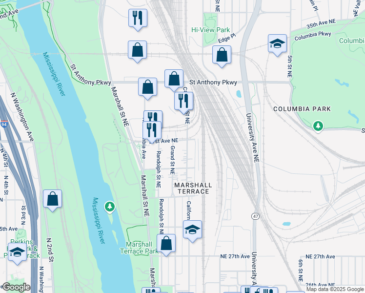 map of restaurants, bars, coffee shops, grocery stores, and more near 3055 Grand Street Northeast in Minneapolis