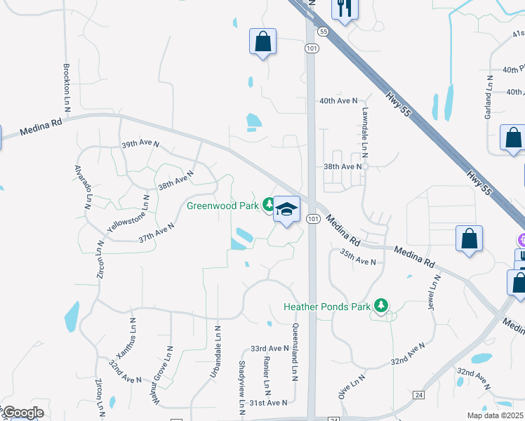 map of restaurants, bars, coffee shops, grocery stores, and more near 18115 Medina Road in Minneapolis