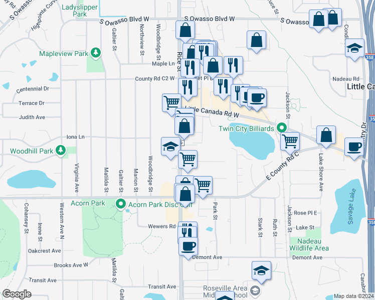 map of restaurants, bars, coffee shops, grocery stores, and more near 2740 Rice Street in Little Canada