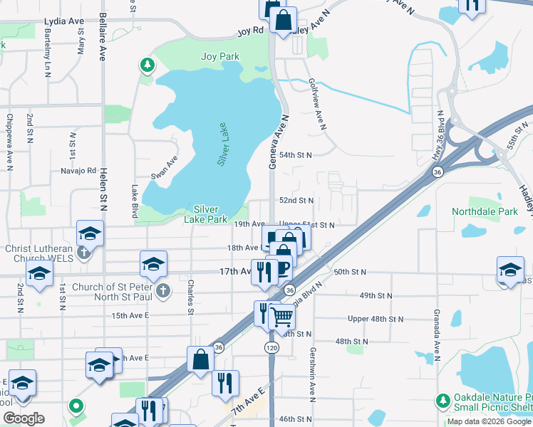 map of restaurants, bars, coffee shops, grocery stores, and more near 2736 East 20th Avenue in North Saint Paul