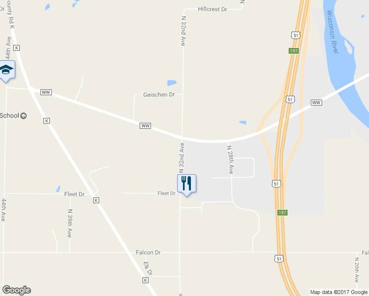 map of restaurants, bars, coffee shops, grocery stores, and more near 5785 North 32nd Avenue in Wausau
