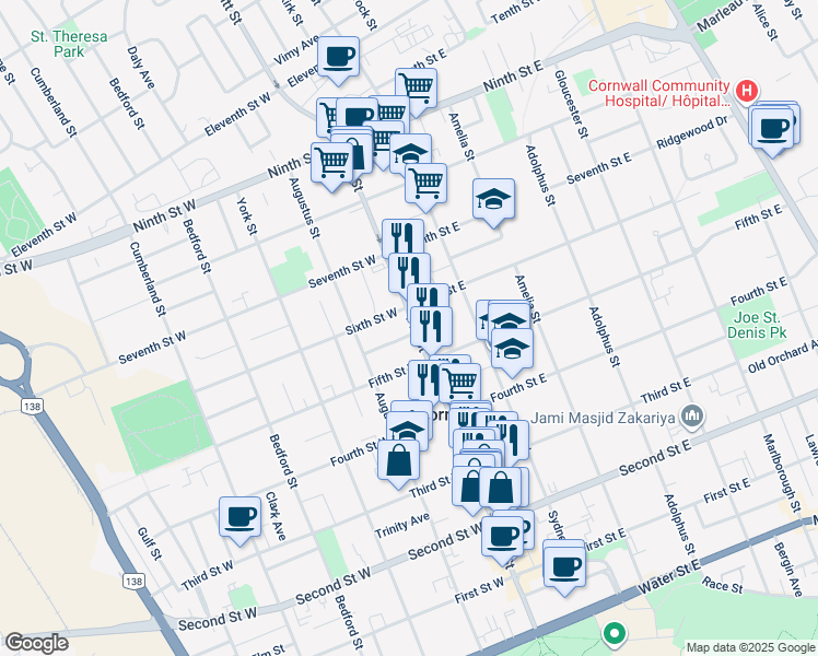 map of restaurants, bars, coffee shops, grocery stores, and more near 538 Pitt Street in Cornwall